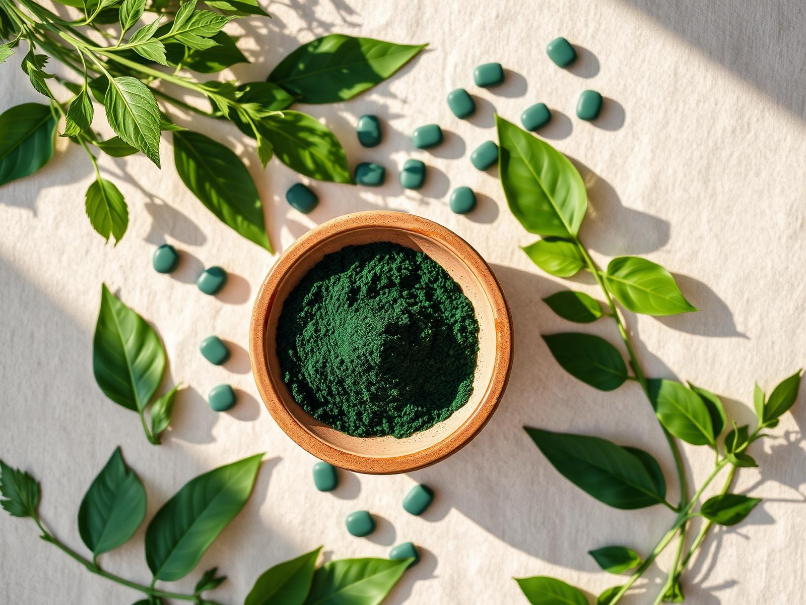 Spirulina powder in a rustic bowl surrounded by fresh green leaves
